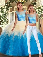 Popular Multi-color Two Pieces Lace and Ruffles Vestidos de Quinceanera Backless Organza Sleeveless Floor Length