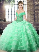 Attractive Apple Green Sweet 16 Dresses Military Ball and Sweet 16 and Quinceanera with Beading and Ruffled Layers Off The Shoulder Sleeveless Brush Train Lace Up