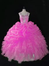 Sexy Floor Length Rose Pink Sweet 16 Quinceanera Dress Organza Sleeveless Beading and Ruffles and Pick Ups
