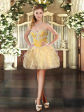  Sleeveless Mini Length Beading and Ruffles Lace Up with Gold