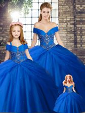 Chic Royal Blue Ball Gowns Beading and Pick Ups Quinceanera Gowns Lace Up Tulle Sleeveless