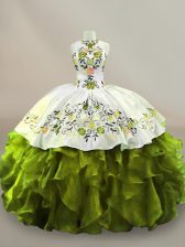 Comfortable Olive Green Halter Top Side Zipper Embroidery and Ruffles Quince Ball Gowns Sleeveless
