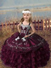 Nice Burgundy Organza Lace Up Straps Sleeveless Floor Length Pageant Dress Womens Embroidery and Ruffled Layers