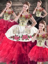 Pretty Pink And White Sleeveless Embroidery and Ruffles Floor Length Quince Ball Gowns