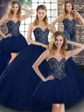 Perfect Navy Blue Tulle Lace Up Sweetheart Sleeveless Floor Length Quinceanera Dresses Beading