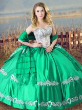 Best Selling Turquoise Ball Gowns Sweetheart Sleeveless Satin Floor Length Lace Up Beading and Embroidery Quinceanera Dress
