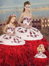 Comfortable White And Red Sweetheart Neckline Embroidery and Ruffles and Bowknot Ball Gown Prom Dress Sleeveless Lace Up
