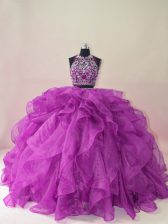 Glorious Purple Two Pieces Halter Top Sleeveless Organza Brush Train Backless Beading and Ruffles Quinceanera Gowns