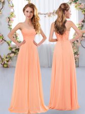 Hot Sale Peach Empire Ruching Dama Dress Lace Up Chiffon Sleeveless Floor Length