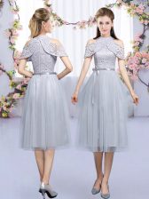  Grey Tulle Zipper Damas Dress Sleeveless Tea Length Lace and Belt