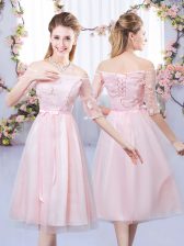  Half Sleeves Tea Length Lace and Belt Lace Up Dama Dress with Baby Pink