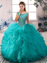 Stunning Aqua Blue Zipper Quinceanera Dress Beading and Ruffles Sleeveless Floor Length