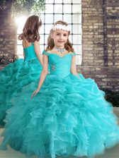  Aqua Blue Side Zipper Pageant Gowns For Girls Beading and Ruffles Sleeveless Floor Length