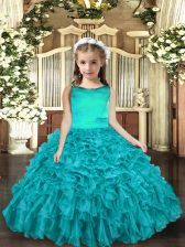  Aqua Blue Sleeveless Floor Length Ruffles Lace Up Custom Made Pageant Dress