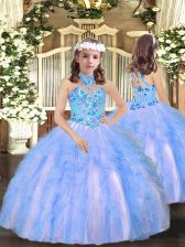 Customized Appliques and Ruffles Pageant Dresses Blue Lace Up Sleeveless Floor Length