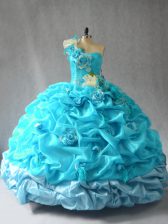 Sexy Aqua Blue Sweet 16 Dresses Sweet 16 and Quinceanera with Pick Ups and Hand Made Flower One Shoulder Sleeveless Lace Up