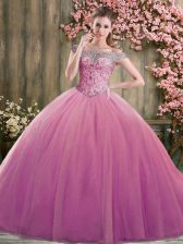 Fashion Ball Gowns 15 Quinceanera Dress Lilac Off The Shoulder Tulle Sleeveless Floor Length Lace Up