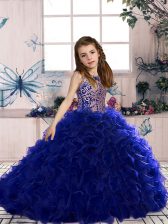  Royal Blue Scoop Lace Up Beading and Ruffles Little Girl Pageant Gowns Sleeveless