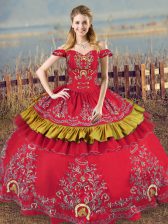  Red Satin and Organza Lace Up Quince Ball Gowns Sleeveless Floor Length Embroidery