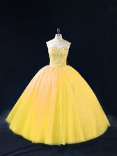  Gold Ball Gowns Beading Quinceanera Dress Lace Up Tulle Sleeveless Floor Length