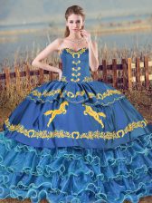  Blue Lace Up Sweetheart Ruffled Layers Quince Ball Gowns Organza Sleeveless Brush Train