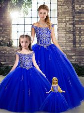 Best Selling Tulle Off The Shoulder Sleeveless Lace Up Beading Sweet 16 Dress in Royal Blue