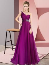 Luxurious Fuchsia Sleeveless Brush Train Beading Evening Dress