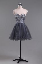  Sweetheart Sleeveless Dress for Prom Mini Length Beading Grey Tulle