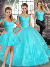  Aqua Blue Three Pieces Off The Shoulder Sleeveless Tulle Floor Length Lace Up Beading and Appliques 15 Quinceanera Dress