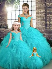  Aqua Blue Ball Gowns Tulle Off The Shoulder Sleeveless Beading and Ruffles Floor Length Lace Up Quince Ball Gowns