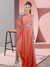  Orange Red Chiffon Side Zipper Sleeveless Asymmetrical Sequins