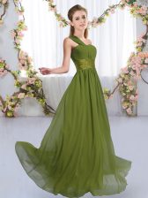  Olive Green Lace Up Quinceanera Dama Dress Ruching Sleeveless Floor Length