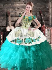  Aqua Blue Quinceanera Dresses Sweet 16 and Quinceanera with Embroidery Off The Shoulder Sleeveless Lace Up