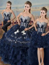 Artistic Satin and Organza Sweetheart Sleeveless Lace Up Embroidery and Ruffles Vestidos de Quinceanera in Navy Blue