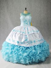  Baby Blue Ball Gowns Beading and Embroidery and Ruffles Quinceanera Gowns Lace Up Fabric With Rolling Flowers Sleeveless Floor Length