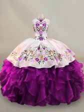  High-neck Sleeveless Organza Quinceanera Dresses Embroidery Lace Up
