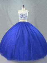 Hot Sale Sleeveless Floor Length Lace Zipper Quinceanera Gowns with Royal Blue