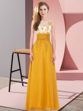  Scoop Sleeveless Damas Dress Floor Length Appliques Gold Chiffon