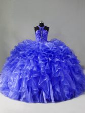 Enchanting Blue Organza Zipper Halter Top Sleeveless 15 Quinceanera Dress Brush Train Beading and Ruffles