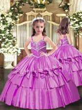 Latest Lilac Taffeta Lace Up Straps Sleeveless Floor Length Pageant Dress for Womens Beading