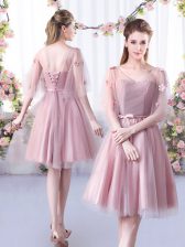 Knee Length Pink Quinceanera Court Dresses Tulle Sleeveless Appliques and Belt