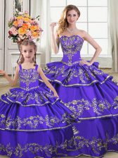  Ball Gowns Sweet 16 Dress Purple Strapless Satin and Organza Sleeveless Floor Length Lace Up