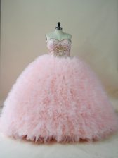 Hot Selling Beading and Ruffles Quinceanera Dresses Baby Pink Lace Up Sleeveless Brush Train