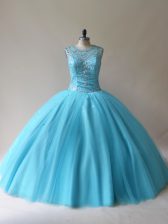 Artistic Scoop Sleeveless Sweet 16 Dresses Floor Length Beading Baby Blue Tulle
