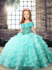  Apple Green Organza Lace Up Kids Formal Wear Sleeveless Brush Train Ruffled Layers