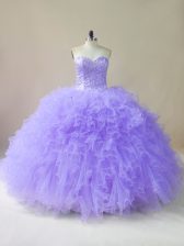 Graceful Lavender Tulle Lace Up Sweetheart Sleeveless Floor Length Sweet 16 Dresses Beading and Ruffles