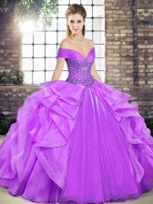 Graceful Lavender Organza Lace Up Off The Shoulder Sleeveless Floor Length 15th Birthday Dress Beading and Ruffles
