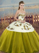  Sweetheart Sleeveless 15th Birthday Dress Floor Length Embroidery and Bowknot Olive Green Tulle