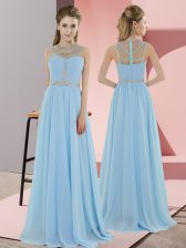 Custom Fit Light Blue Sleeveless Floor Length Beading Zipper Homecoming Dress