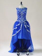 Cheap Sleeveless Tulle High Low Zipper Dress for Prom in Royal Blue with Beading and Appliques